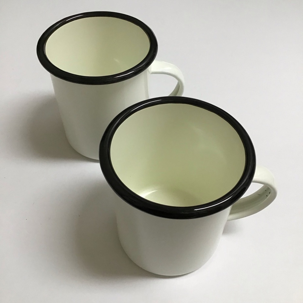Hearth & Hand Enamelware PAIR Metal Mugs White Black Rim Farmhouse Camping RV
